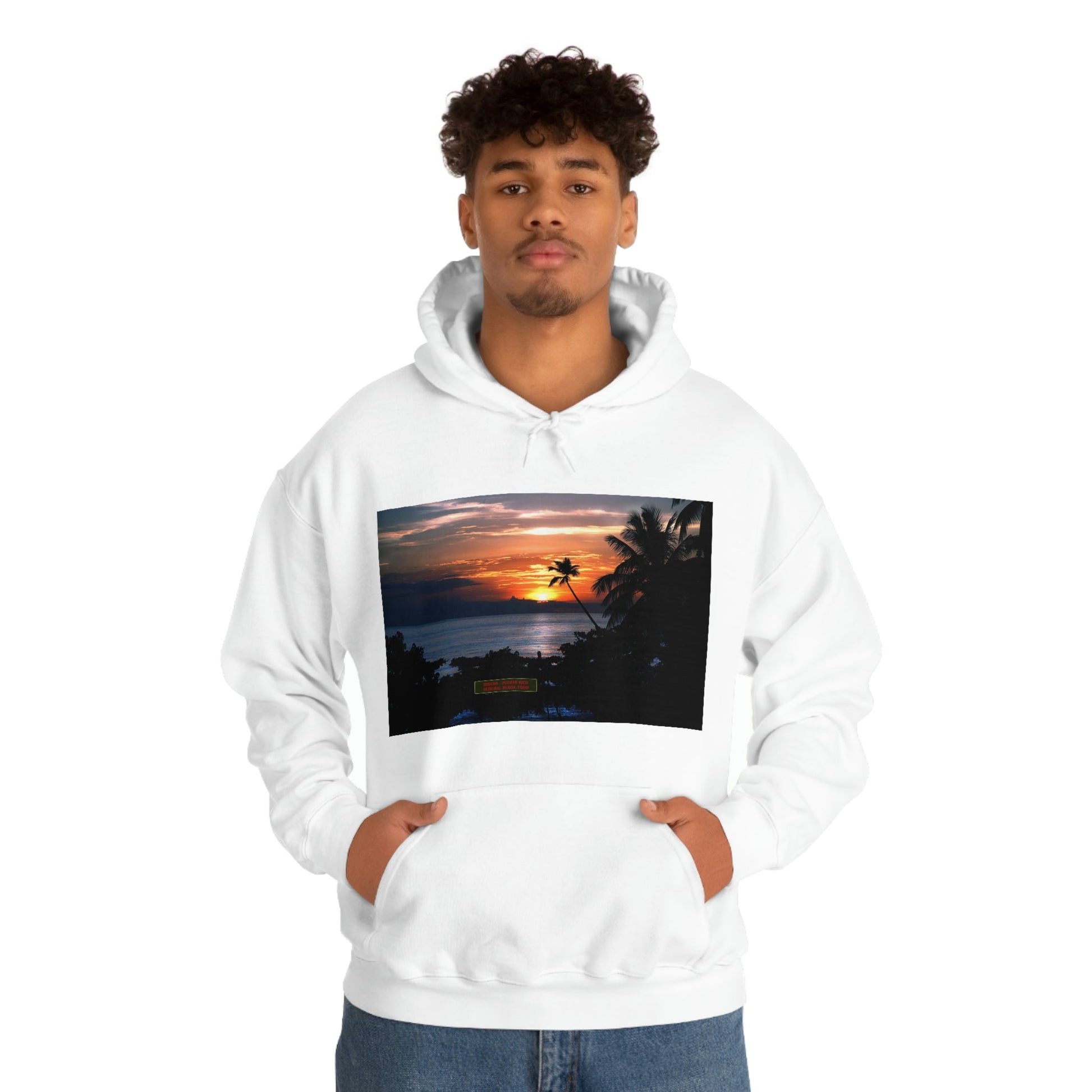 Unisex Heavy Blend Hooded Sweatshirt with Awesome RINCON BEACH in Puerto Rico - surfing, food, lodging, fun - Green Forest Home
