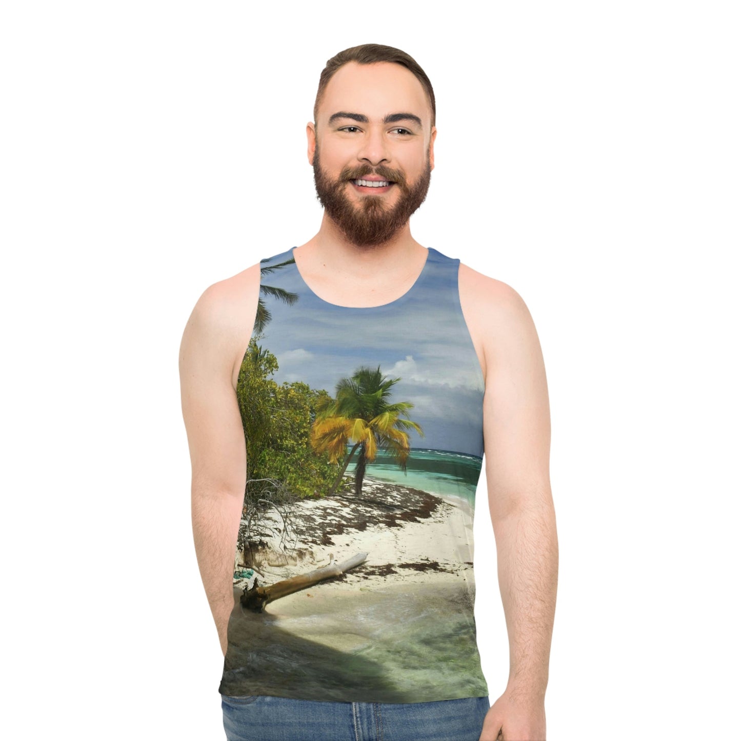 Unisex Tank Top (AOP) - All Over Print - Amazing Colors of Pajaros Beach - Mona Island Puerto Rico - Made in China - Green Forest Home