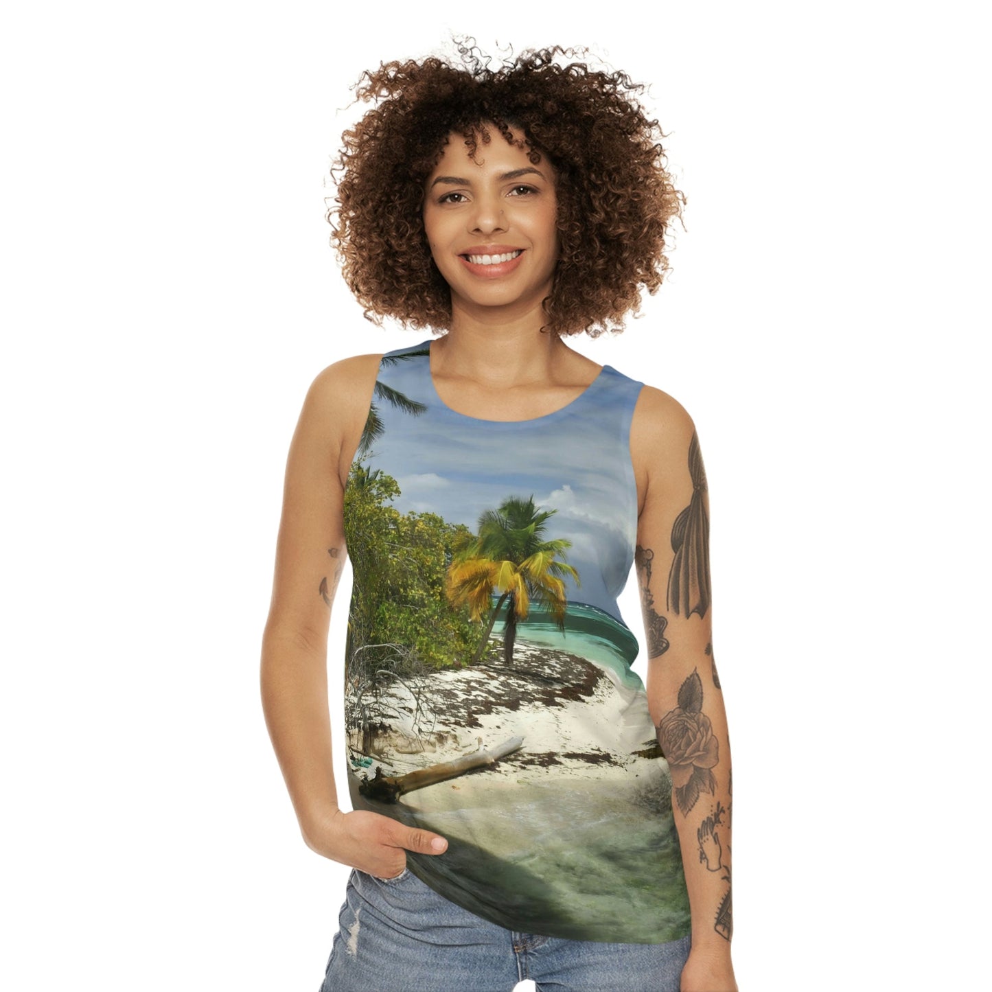 Unisex Tank Top (AOP) - All Over Print - Amazing Colors of Pajaros Beach - Mona Island Puerto Rico - Made in China - Green Forest Home