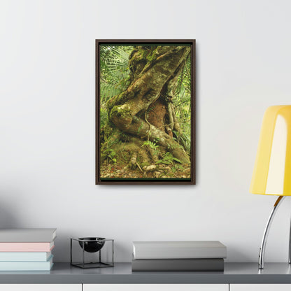 Vertical Framed Premium Gallery Wrap Canvas - Parasite tree grows over a Palo Colorado (Red tree) in the early Tradewinds trail - Green Forest Home