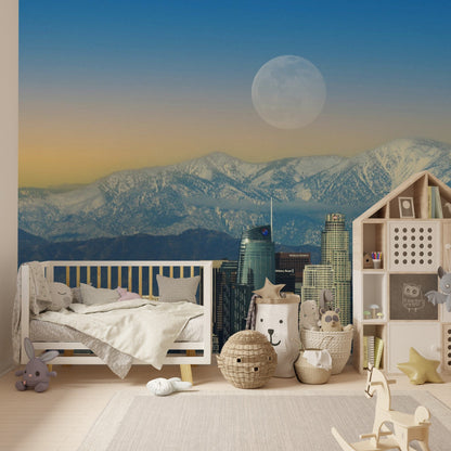 Wallpaper - Moonrise Image of Downtown City of LA California USA - Easy Peel & Stick - Green Forest Home
