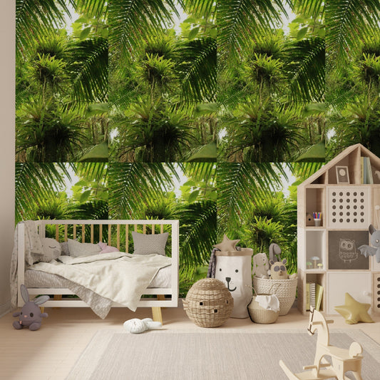 Wallpaper - Sierra Palm with Bromeliads Pattern - El Yunque Rainforest - Multiple Sizes - Green Forest Home