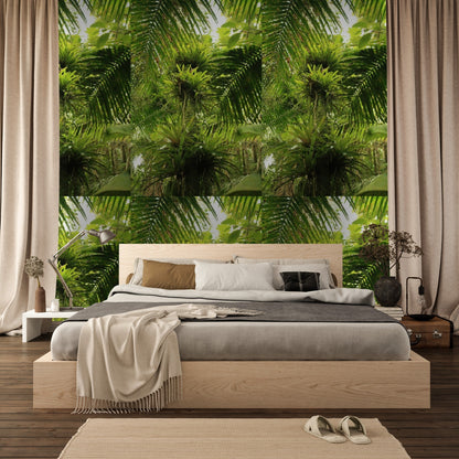 Wallpaper - Sierra Palm with Bromeliads Pattern - El Yunque Rainforest - Multiple Sizes - Green Forest Home
