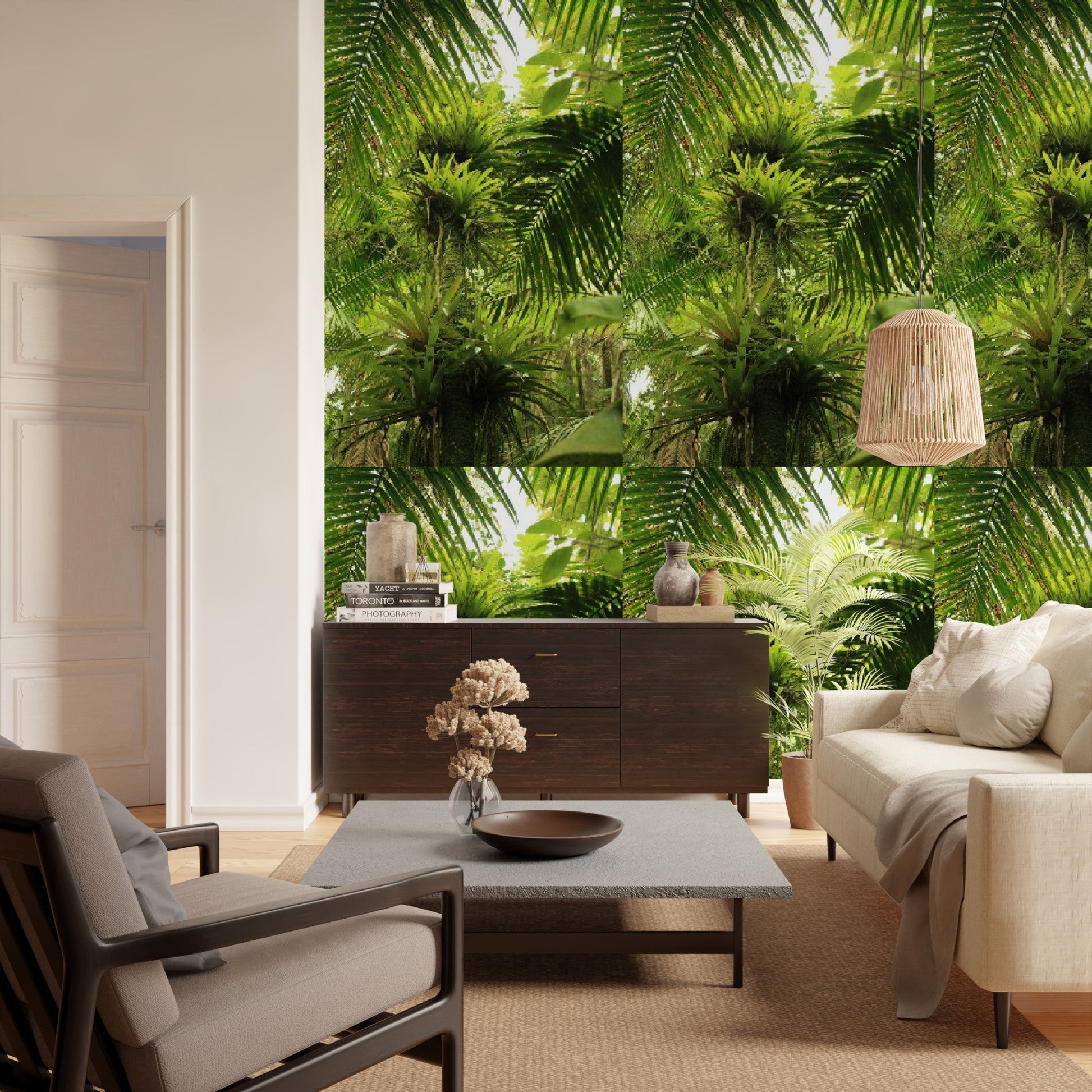 Wallpaper - Sierra Palm with Bromeliads Pattern - El Yunque Rainforest - Multiple Sizes - Green Forest Home