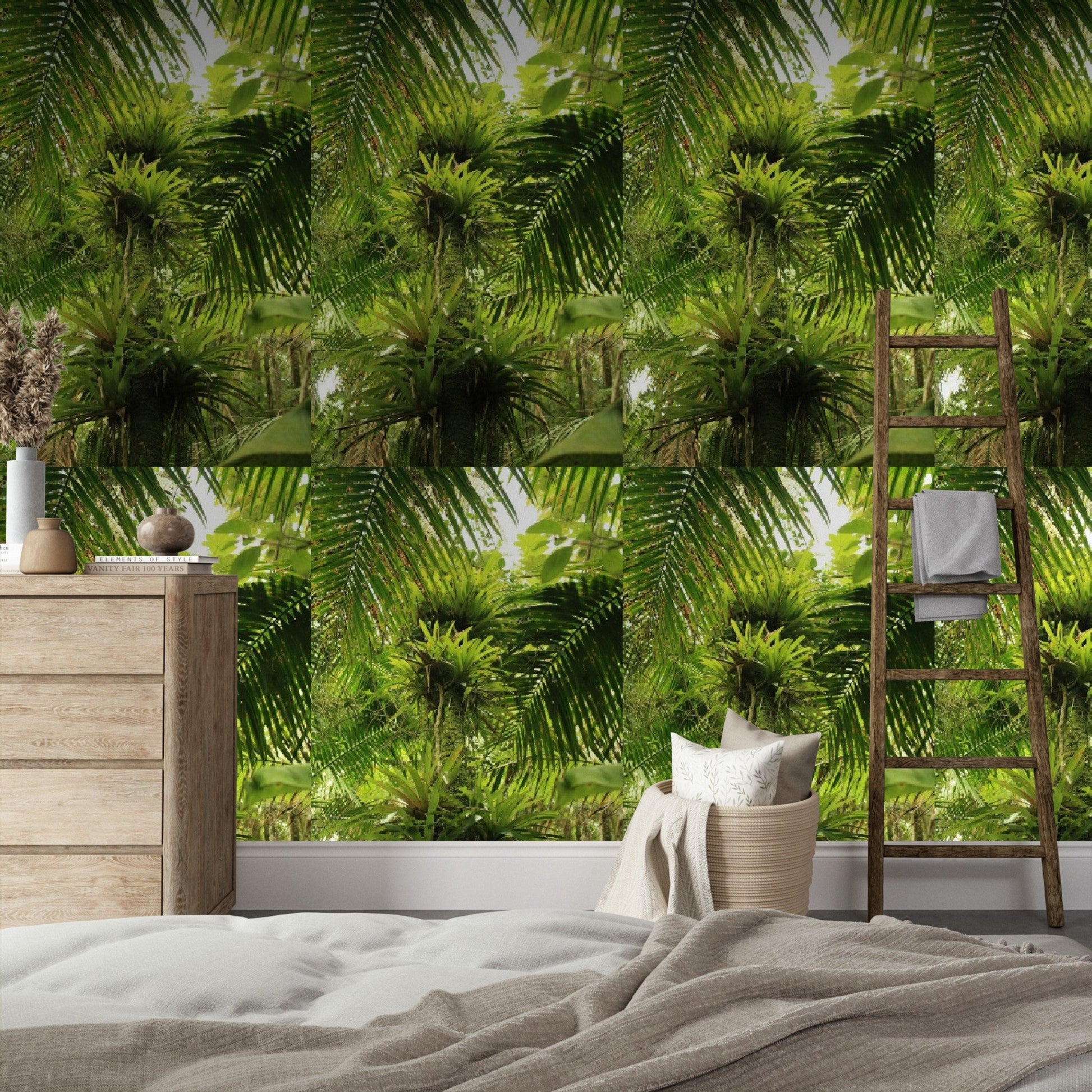 Wallpaper - Sierra Palm with Bromeliads Pattern - El Yunque Rainforest - Multiple Sizes - Green Forest Home