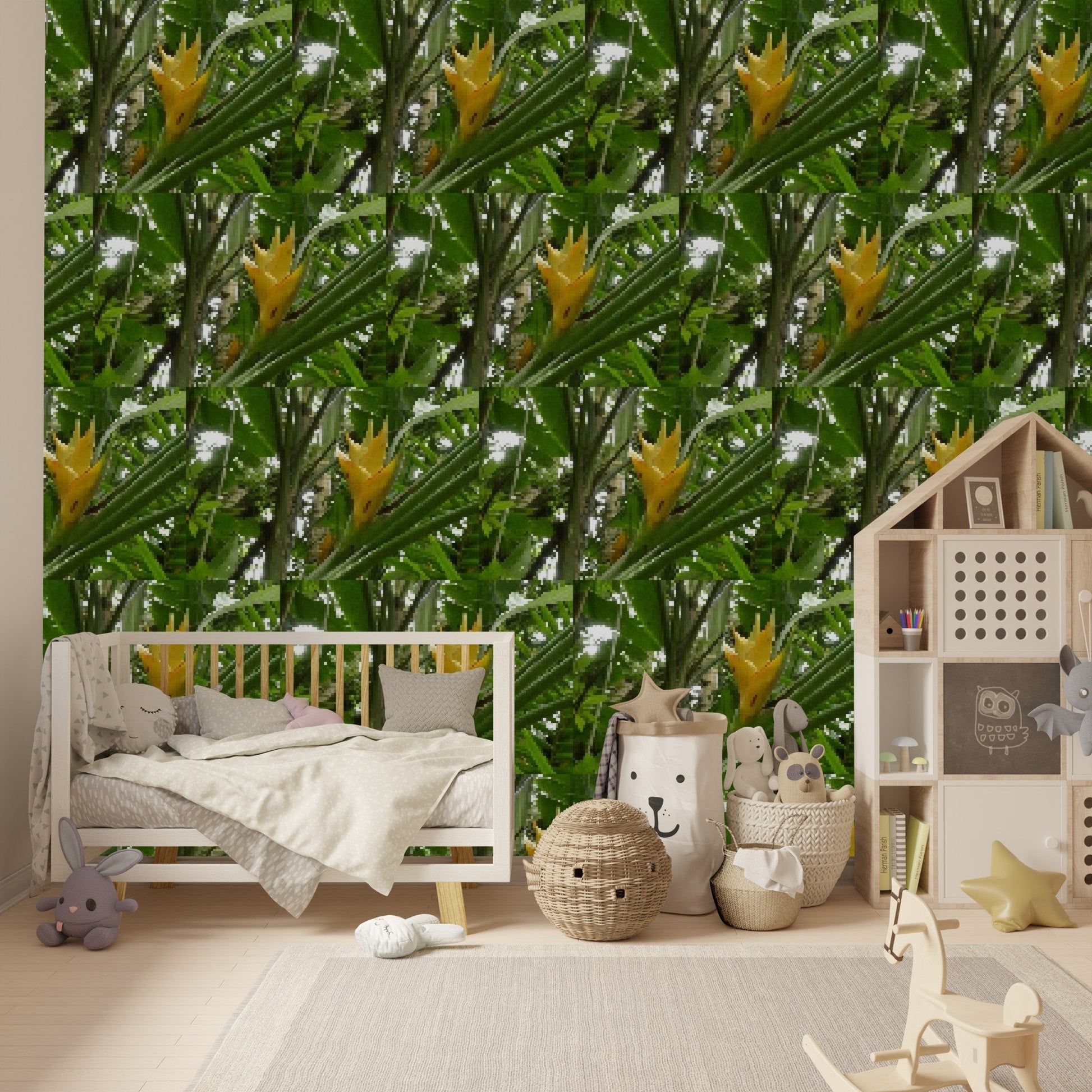 Wallpaper - The Tropical Heliconia Flower in Pattern - El Yunque Rainforest Puerto Rico - Green Forest Home
